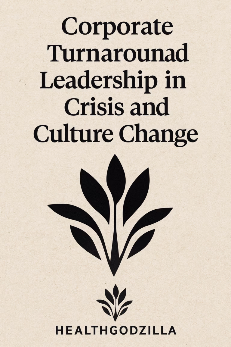 Corporate turnaround leadership in crisis and culture change with HealthGodzilla logo and title on textured background