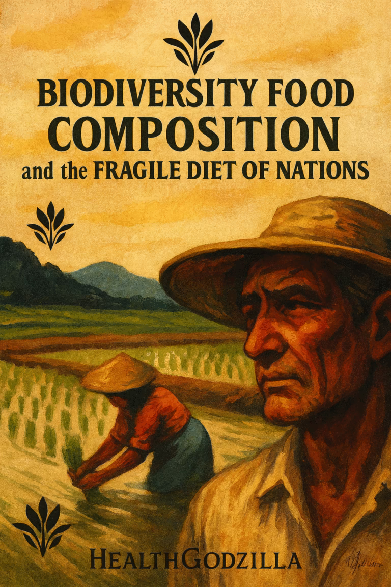 Biodiversity Food Composition illustrated through farmers in rice fields symbolizing fragile diets and monoculture dominance