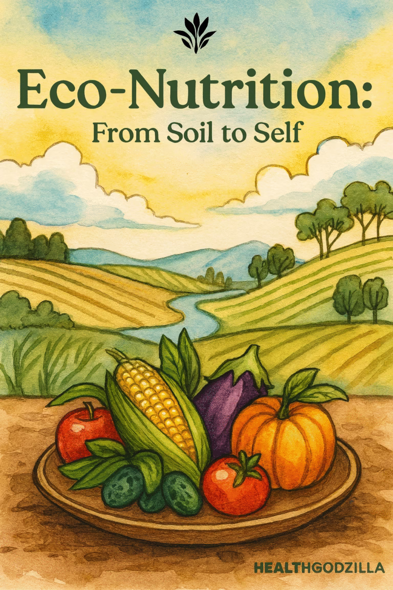 Eco-nutrition: systems diversity and sustainable diets shown as a plate of crops blending into fields and pollinator landscapes.