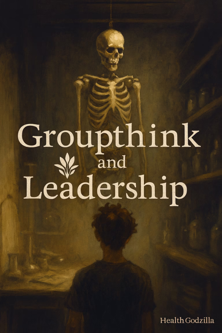 Groupthink and Leadership skeleton sways in eerie lab, symbolizing dissent, growth, and fragile leadership bones.