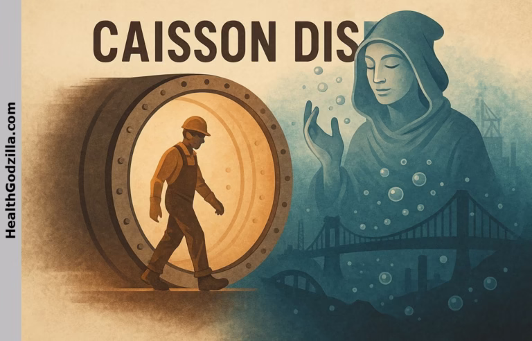 Caisson disease illustrated: worker leaving pressurized caisson, Kimiya’s spirit with bubbles and bridge in the background.