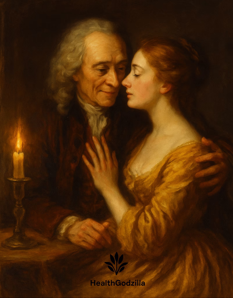 Romantic painting of Voltaire and Émilie symbolizing the philosophy of love and relationship during Enlightenment.