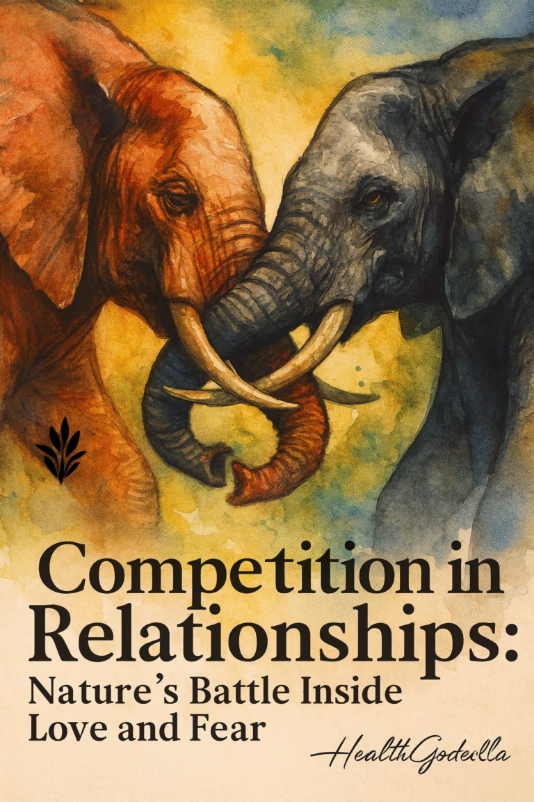 Competition in Relationships shown as two intertwined figures shaped like roots and leaves, revealing love, fear, and inner rivalry.
