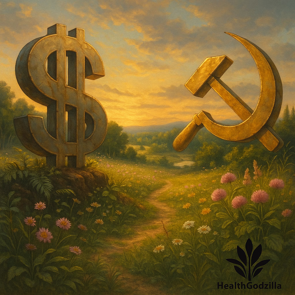 Dollar sign and hammer-and-sickle in a sunlit meadow, symbolizing ideological blindspots against a thriving natural landscape.