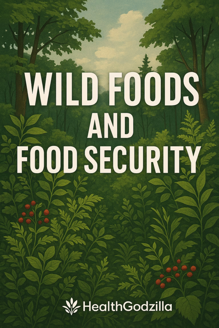 Forest greenery with wild plants and berries, featuring the title “Wild Foods and Food Security” and the HealthGodzilla signature.