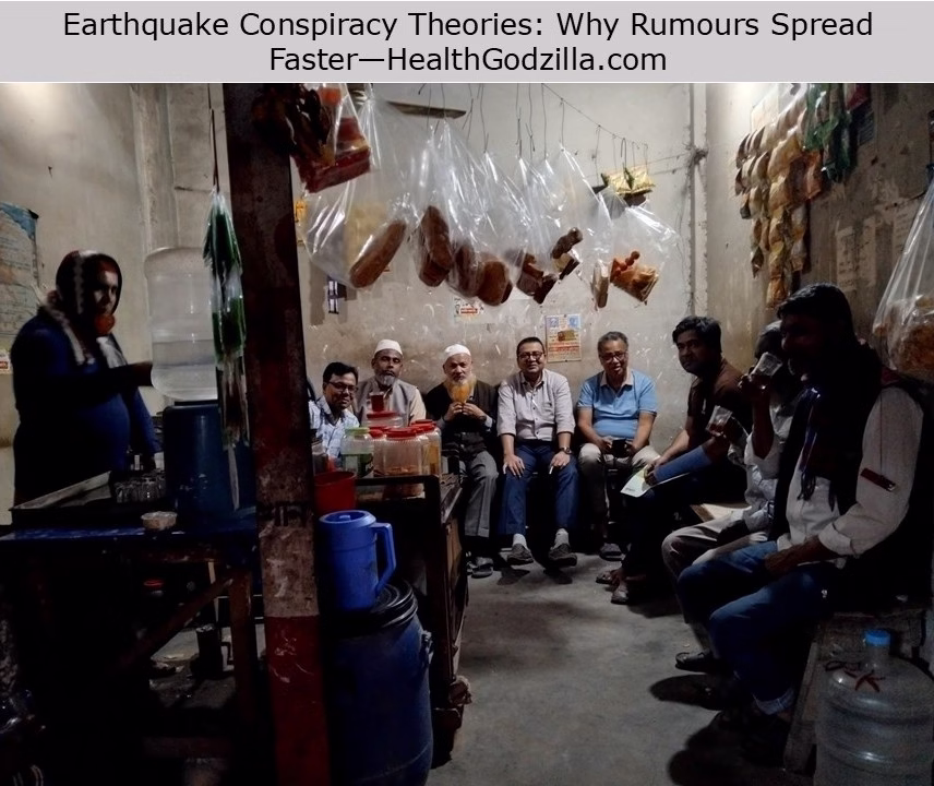 Earthquake conspiracy theories discussed at a small Dhaka tea stall as neighbors sit together in an adda setting.