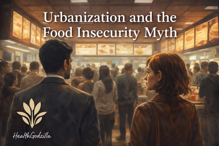 Urban fast-food scene illustrating urbanization and the food insecurity myth, showing how access and systems shape city diets.