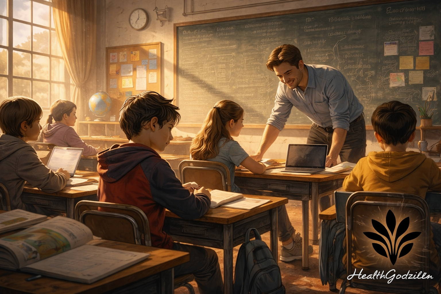 Teacher guiding students in a sunlit classroom as others work quietly at desks under performance pressure
