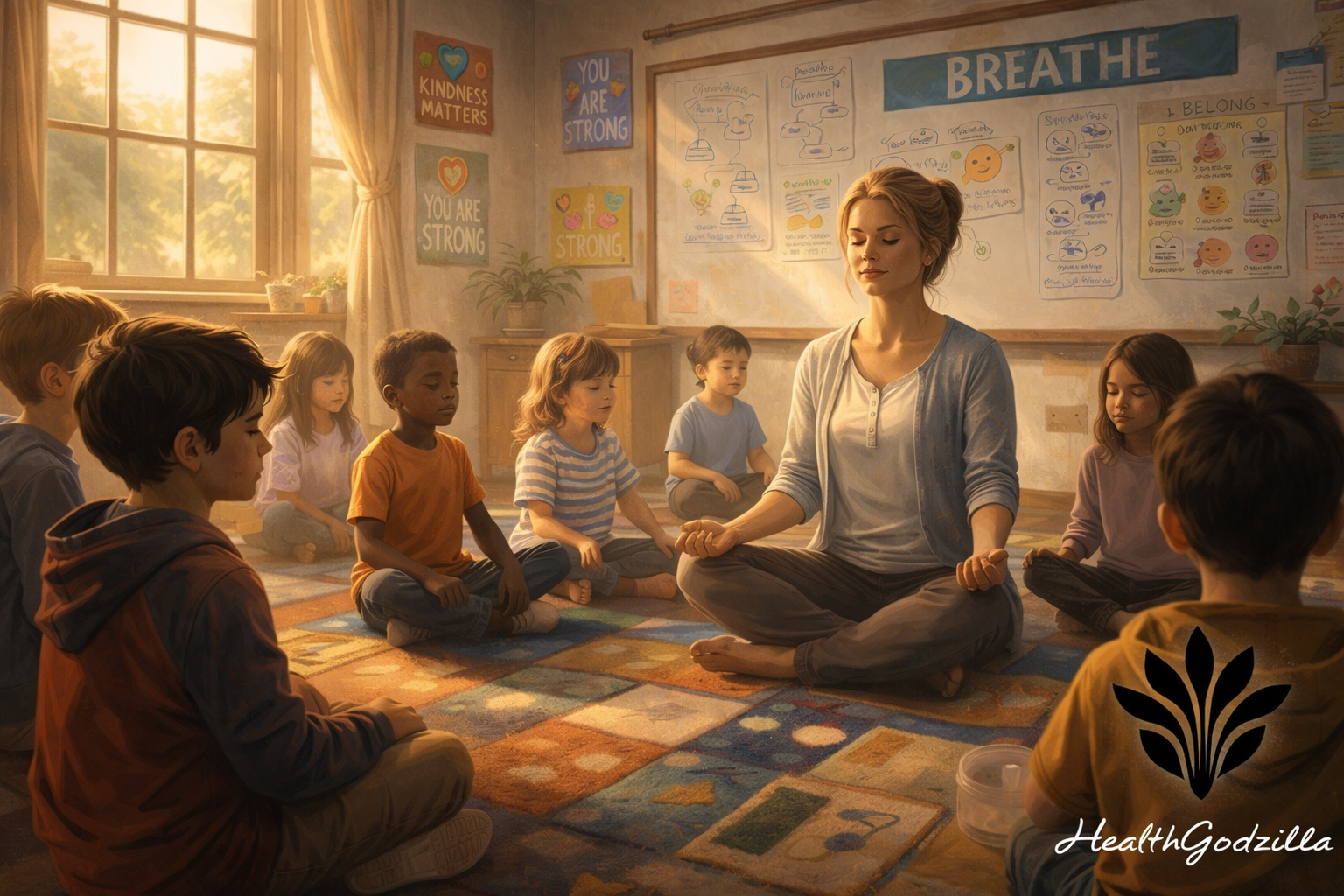 Teacher and children sitting calmly on a classroom rug practicing mindfulness and breathing together