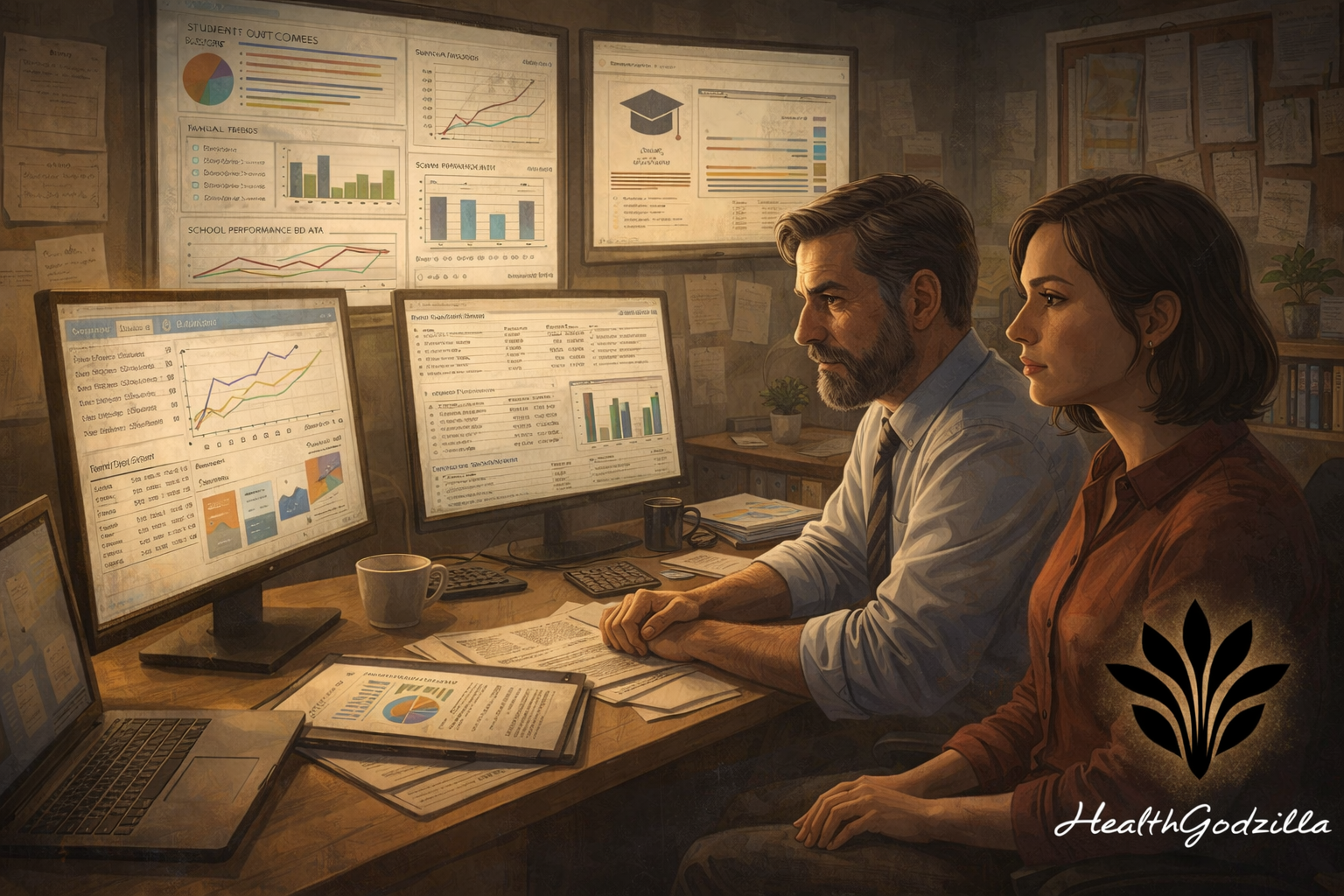 Two education administrators reviewing charts and student data on multiple screens in a dim office