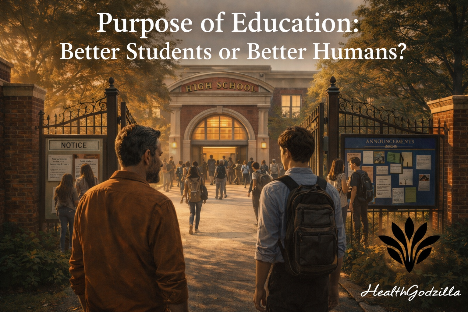 Father and undergraduate son watch students at a school gate and noticeboard, reflecting on education’s purpose
