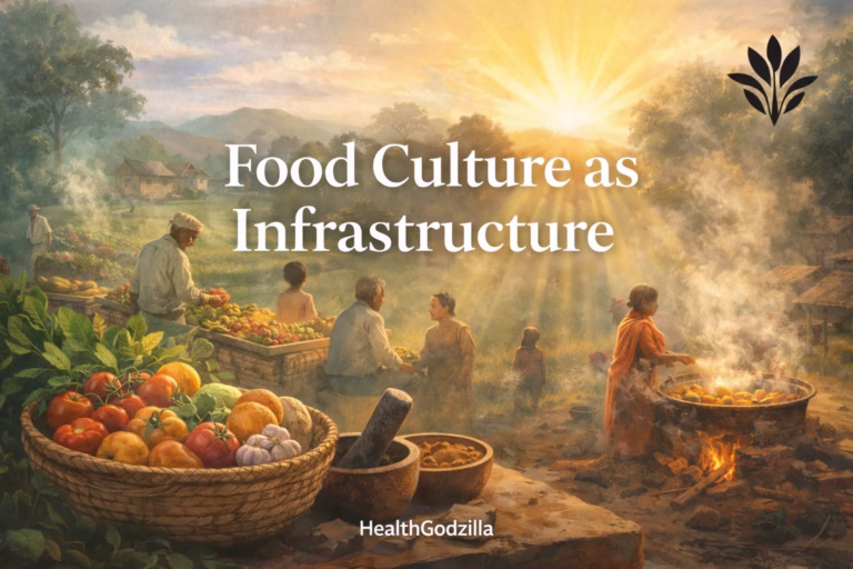 Food Culture as Infrastructure scene showing communal cooking, fresh harvest, and rural food systems sustaining local resilience