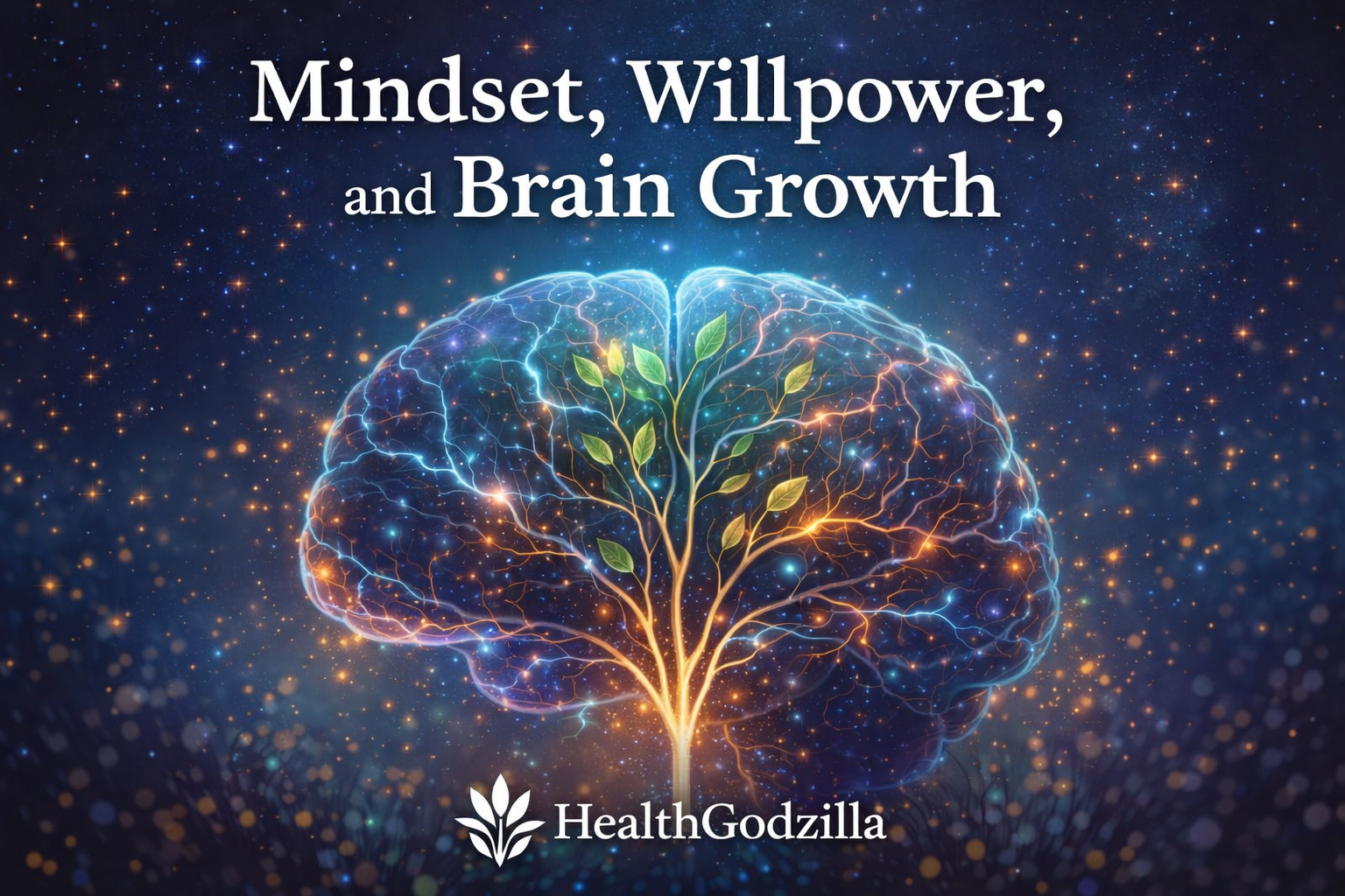 Mindset willpower and brain growth illustrated as neural pathways forming a living tree inside the brain, symbolizing learning and thinking.