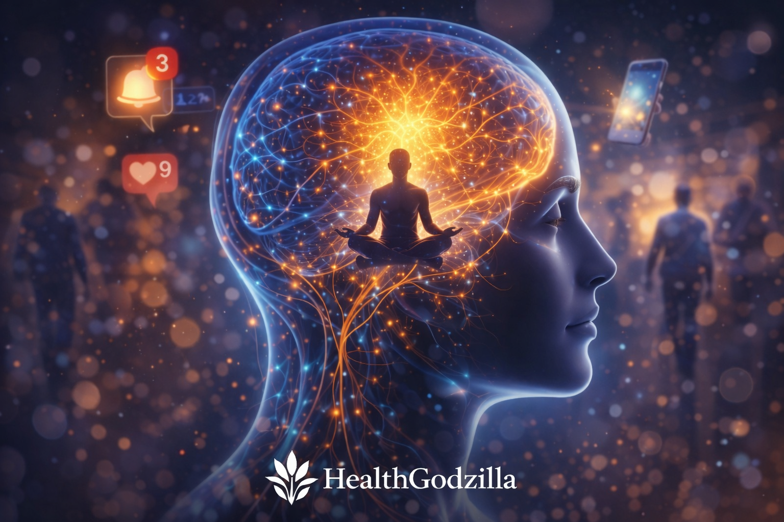Meditating figure inside a glowing brain while social media alerts float outside, illustrating focus and cognitive control.