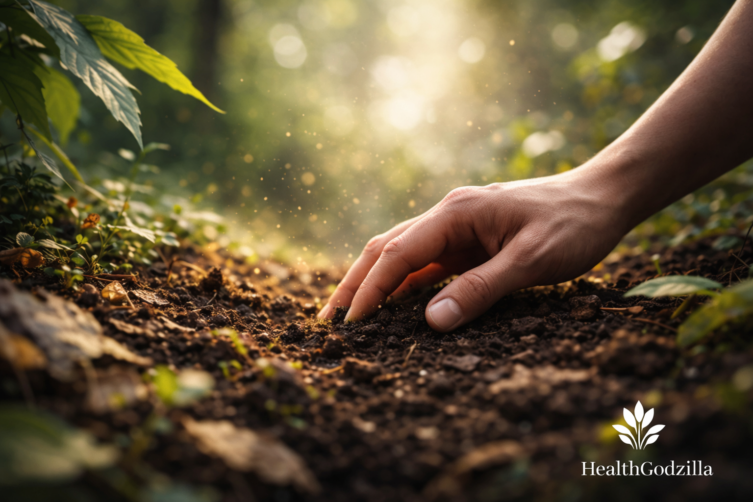A hand touches forest soil under golden light, suggesting ecological roots of chronic disease in unseen microbial life.