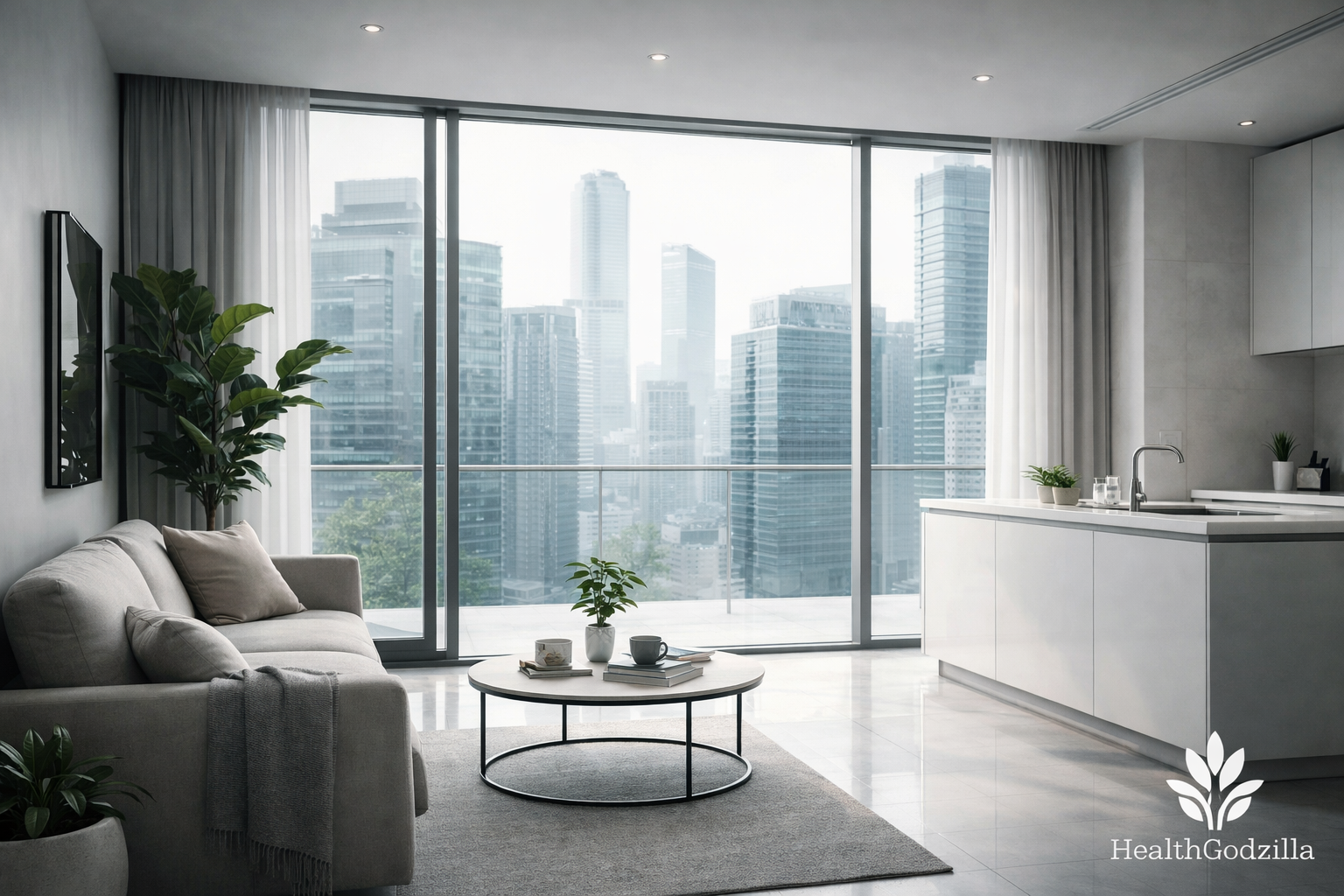 A sleek city apartment of glass and filtered light reflects ecological roots of chronic disease in sealed urban living.