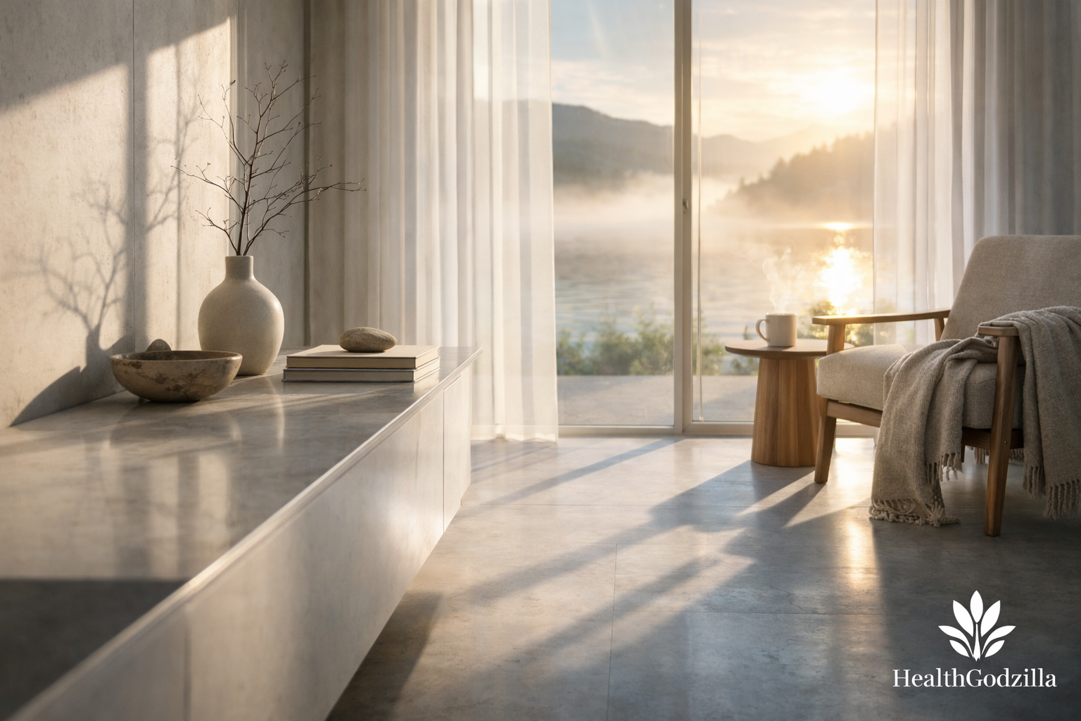 A quiet minimalist room glows beside a misty lake, suggesting polished calm, subtle emptiness, and reflective pause.