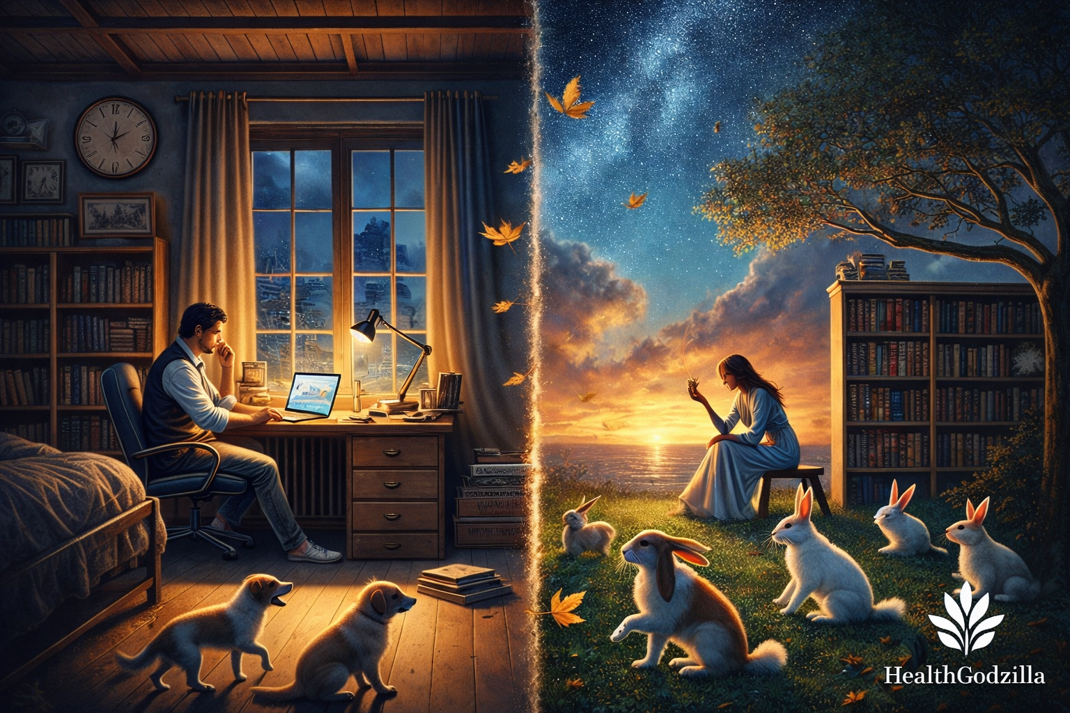 A split twilight scene shows Organum indoors with dogs and Artista outdoors with rabbits beneath a glowing, star-filled sky.