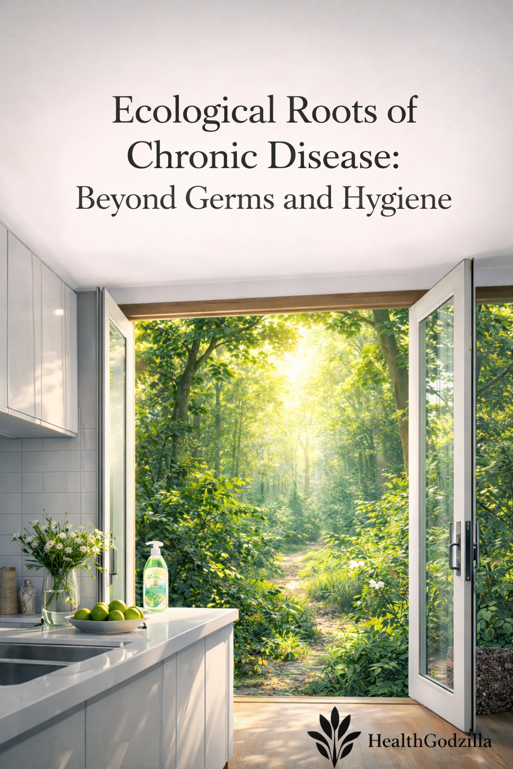 Ecological roots of chronic disease in a clean kitchen opening to a sunlit forest, where hygiene meets living ecology gently.