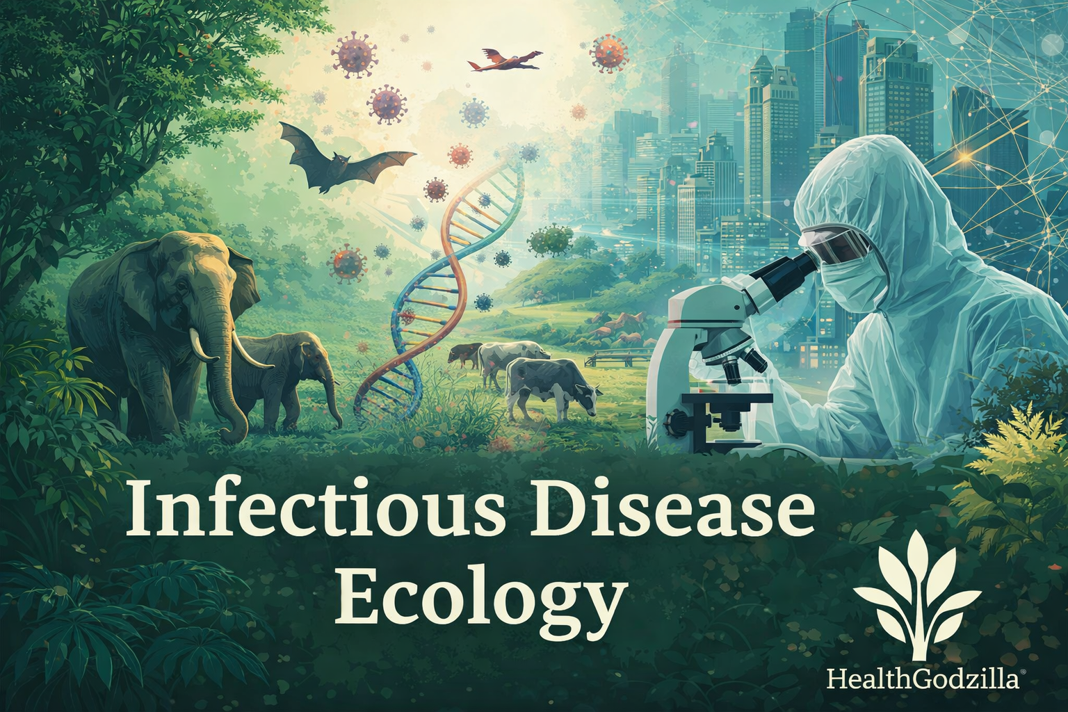 Infectious disease ecology illustration showing wildlife, city, scientist, and viral pathways linking ecosystems and human health