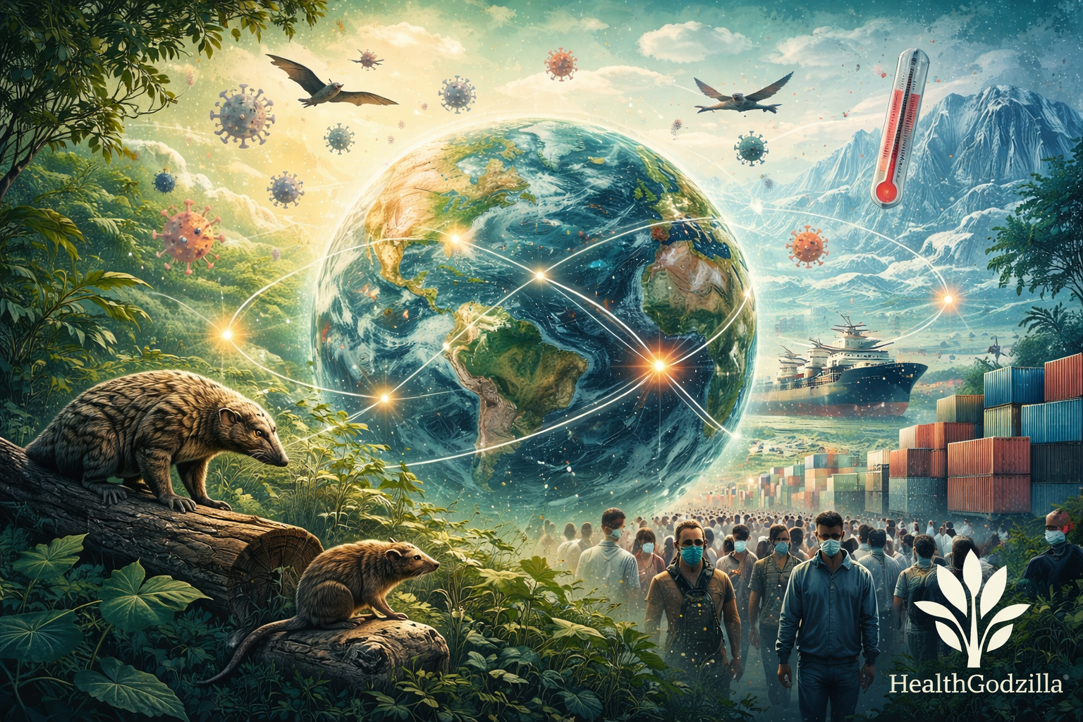 Infectious disease ecology showing wildlife reservoirs, global trade routes, cities, and climate links shaping pathogen circulation