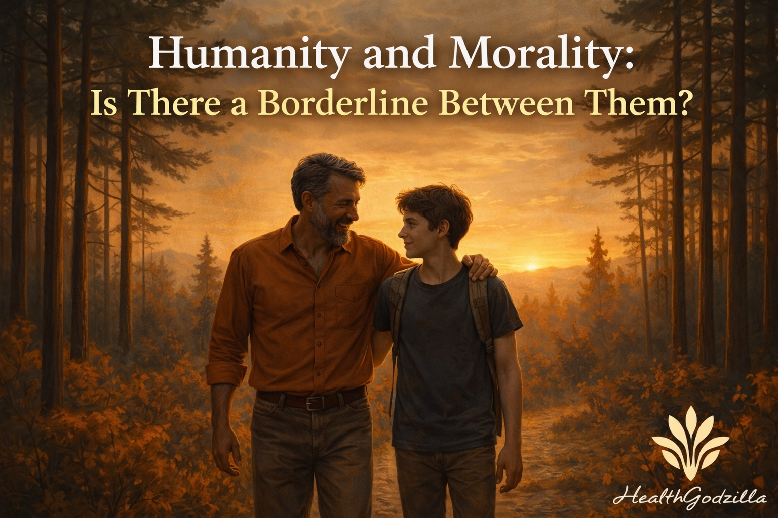 Humanity and morality seen in a father and son walking at sunset, reflecting care, judgment, and human connection