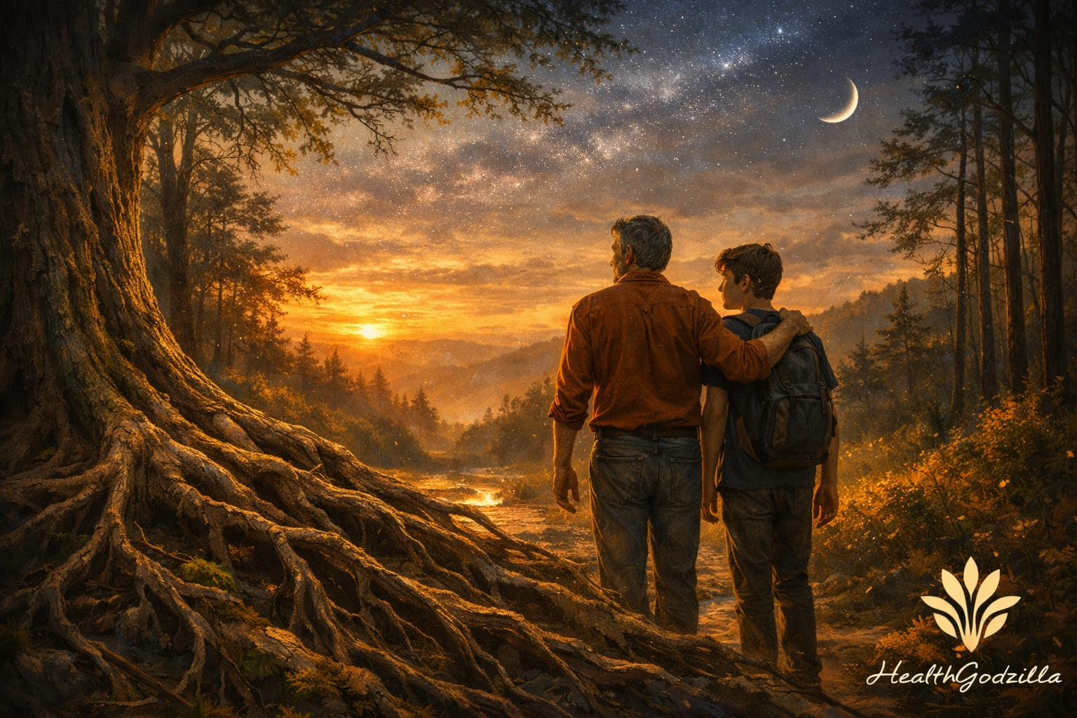 Humanity and morality reflected in a split world of thought and nature, showing balance, coexistence, and human awareness