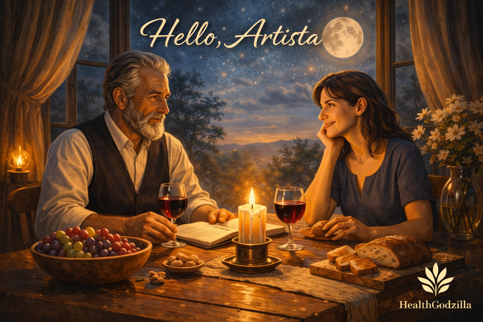 Humanity and morality in a warm dinner scene with Artista and Organum, reflecting thought, care, and quiet understanding