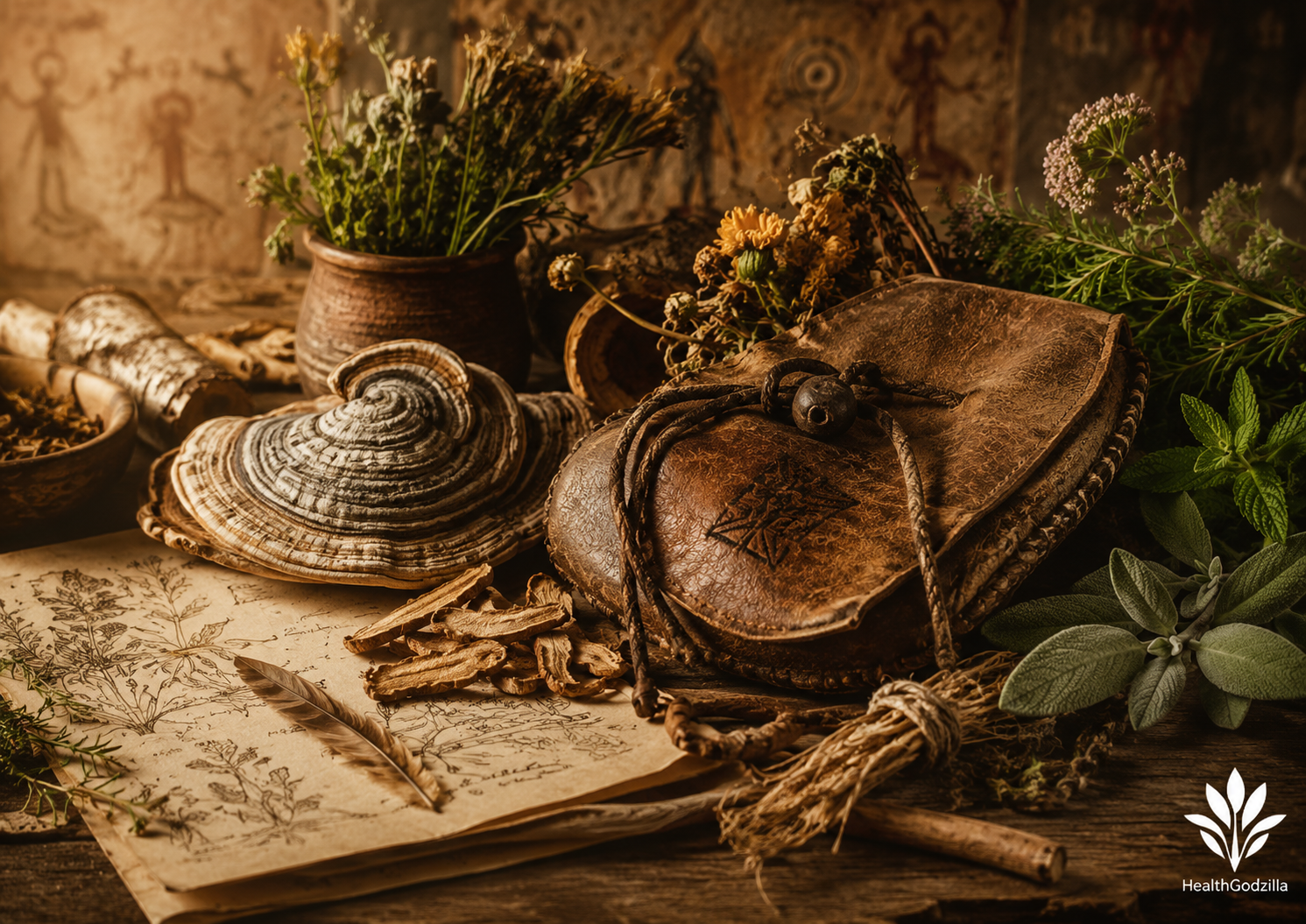 Medicinal plants, birch polypore fungus, dried herbs, and an old medicine bag recall ancestral healing knowledge.