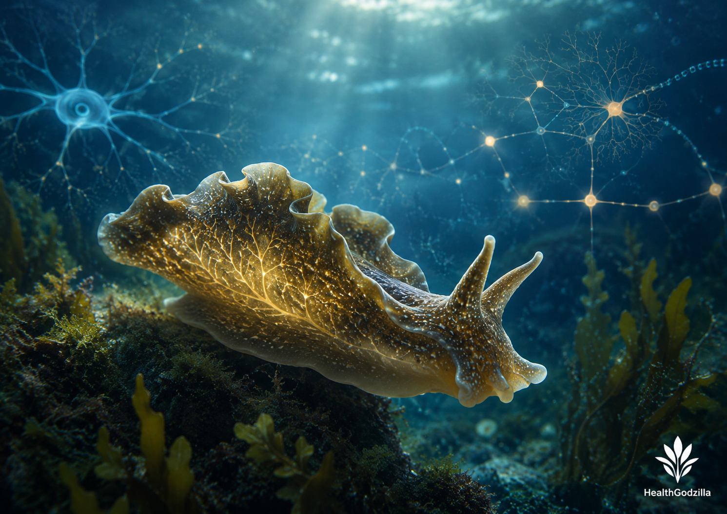 Biodiversity and Biomedical Discovery image of a sea hare in ocean light with glowing neuron patterns and memory links.