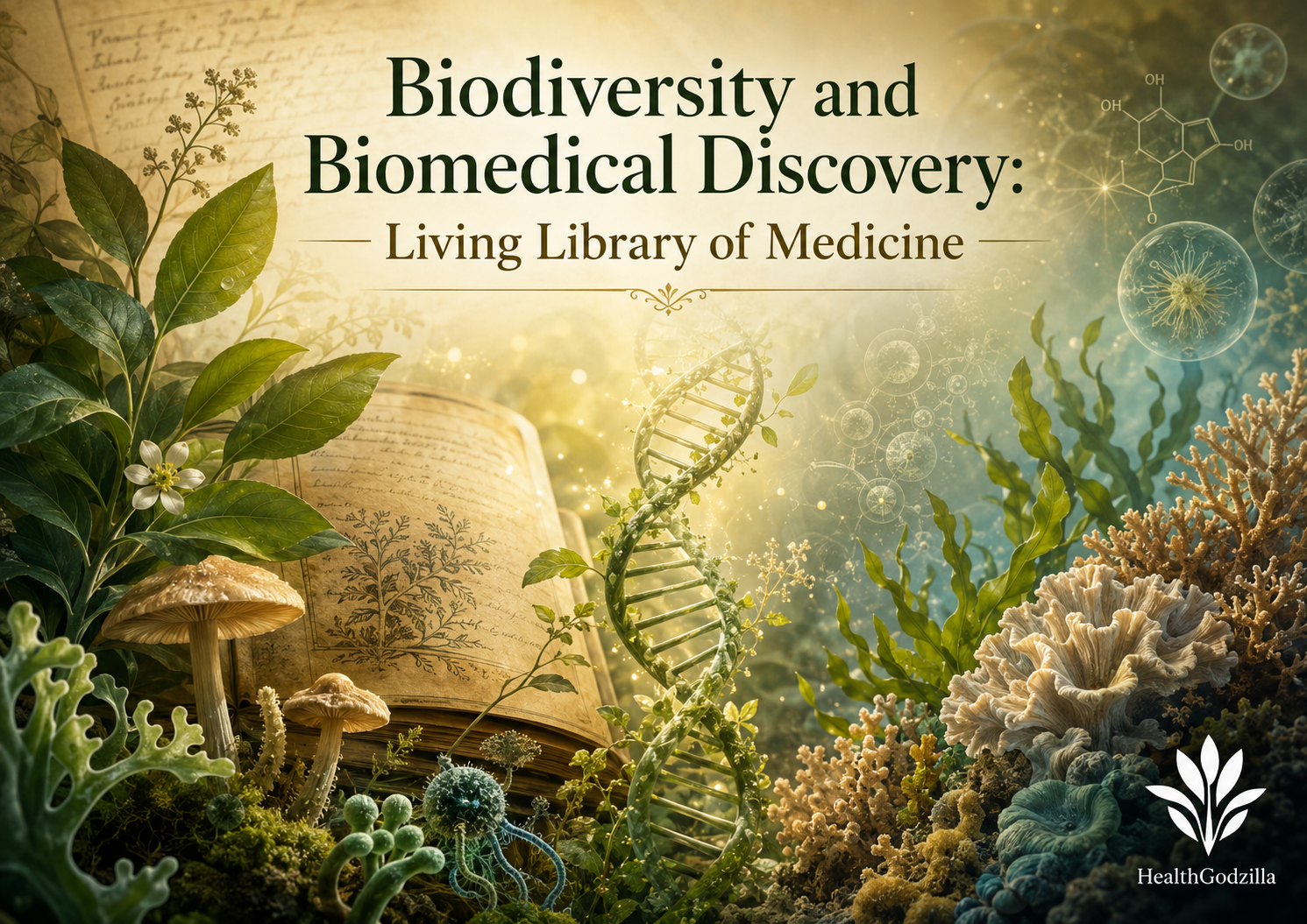 Biodiversity and Biomedical Discovery title image with DNA, plants, fungi, coral, microbes, and a living book of medicine.