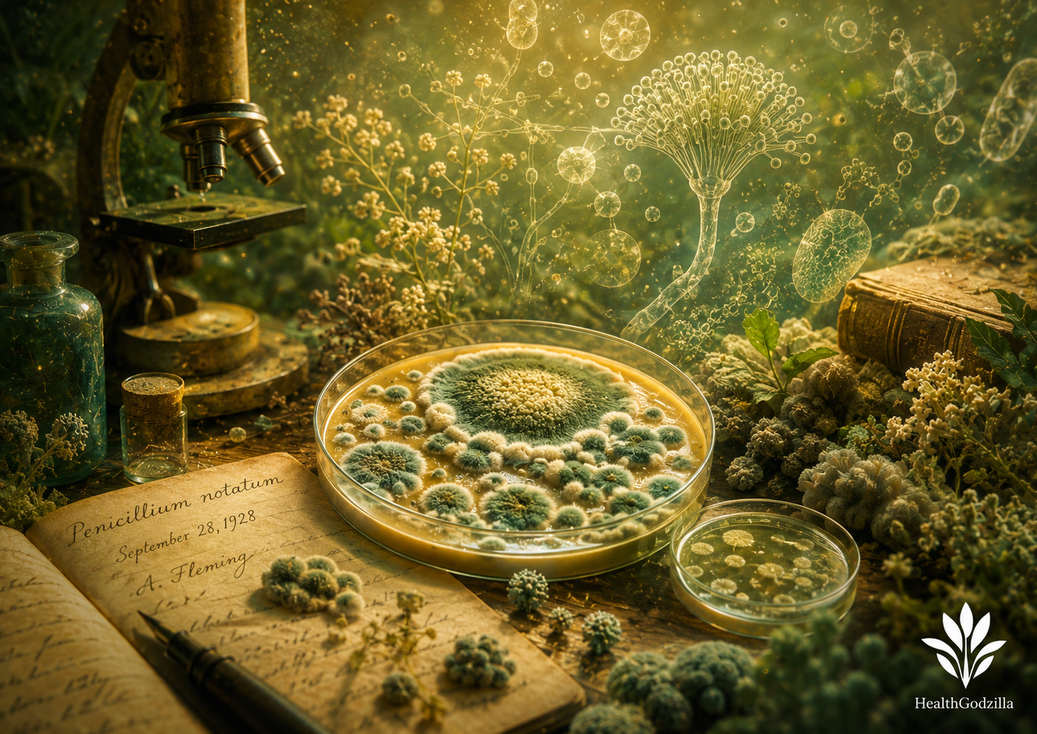 Penicillium mold grows in petri dishes beside a microscope, showing microbes as early chemists of modern medicine.