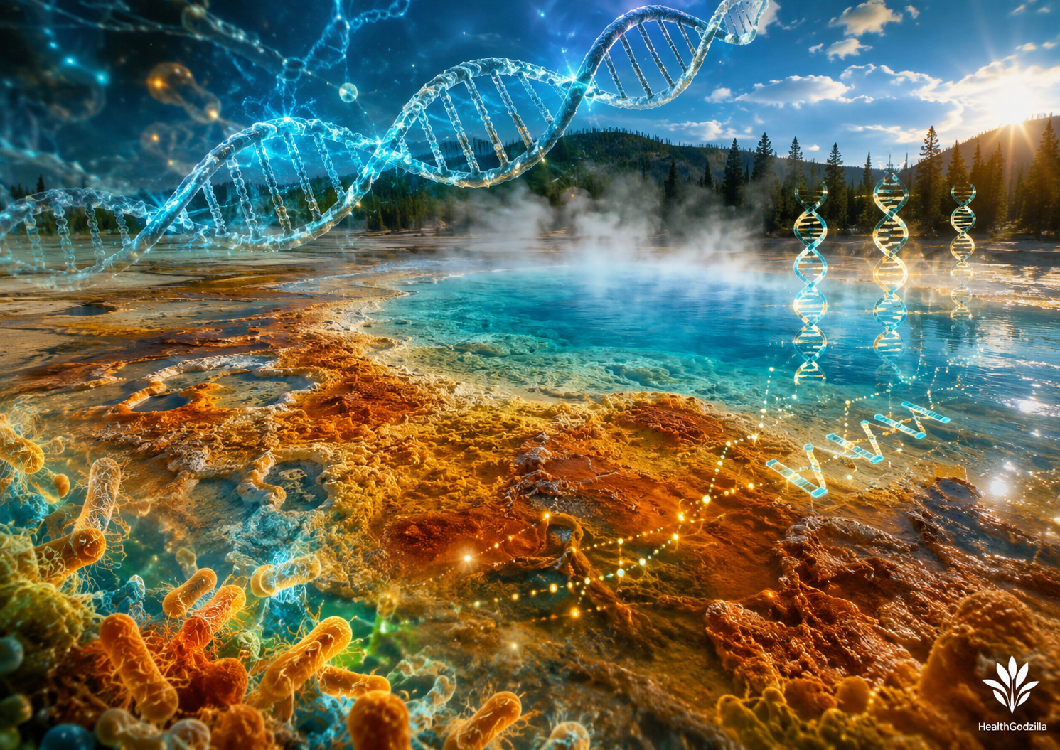 Biodiversity and Biomedical Discovery image of Thermus aquaticus, a hot spring, glowing DNA, and PCR in pools.