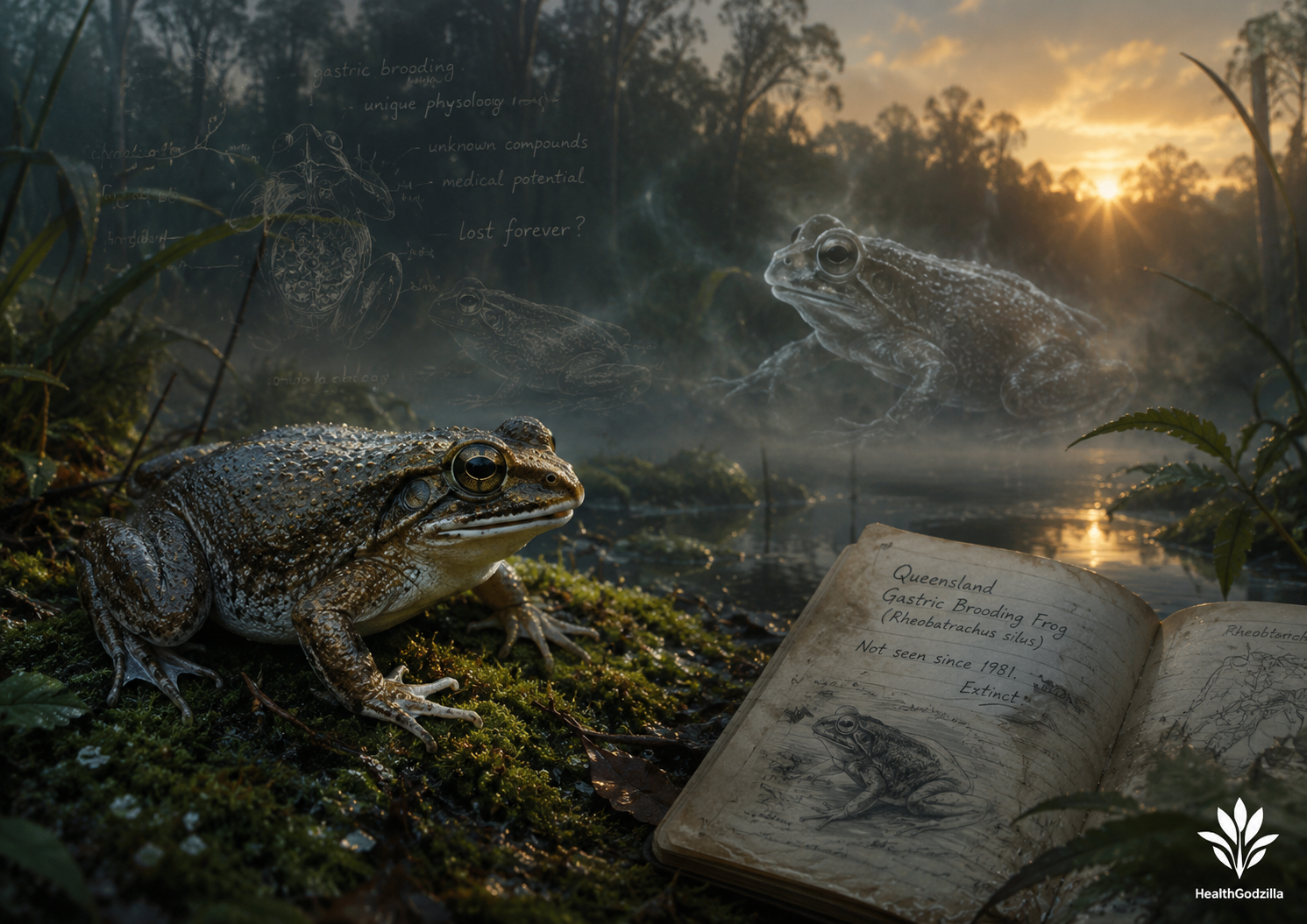 Biodiversity and Biomedical Discovery image of the vanished gastric-brooding frog, swamp mist, and lost research memory.
