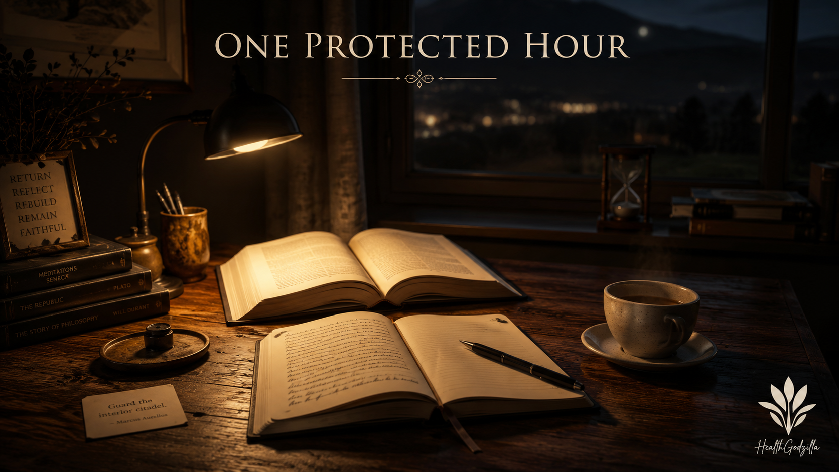 Intellectual Growth and Vocation image of a lamp-lit desk, open books, tea, and one protected hour of study