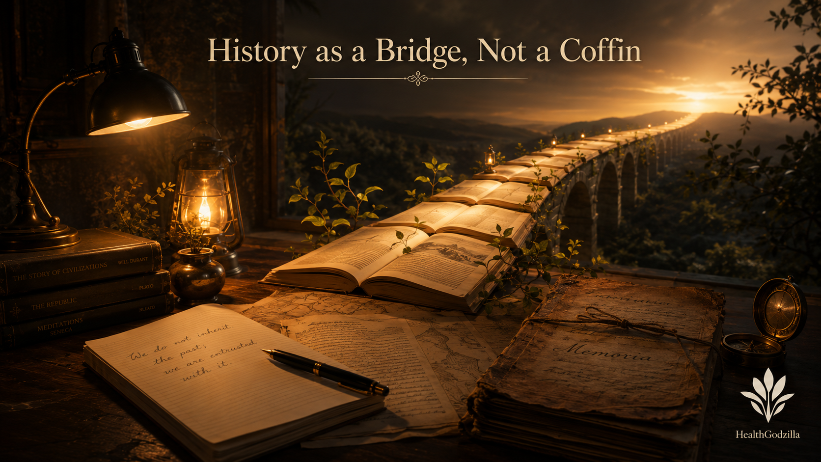 Old books form a bridge at twilight, with warm lamps and new leaves symbolizing living memory