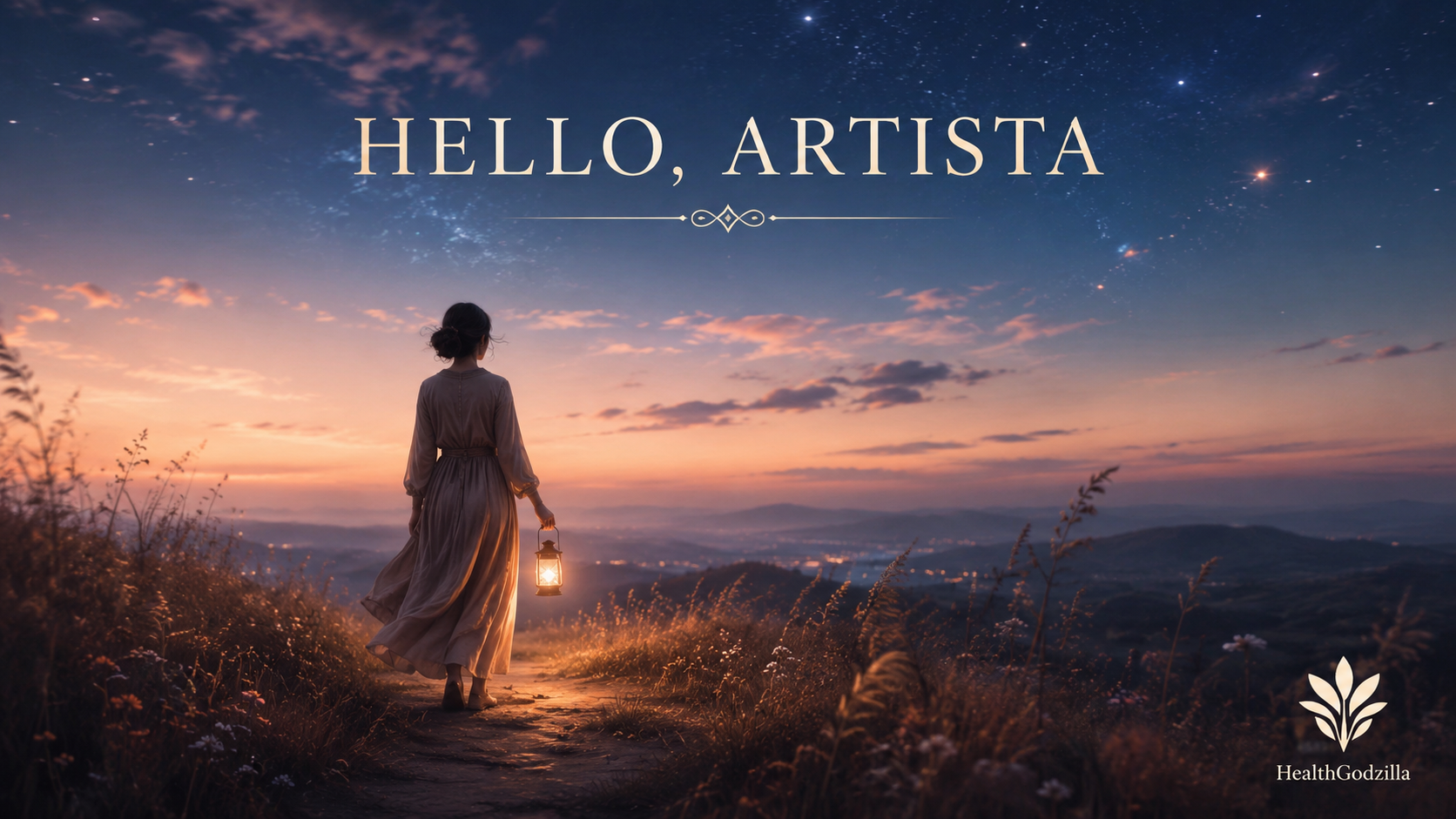 Intellectual Growth and Vocation image of Artista holding a small lamp under a wide twilight sky