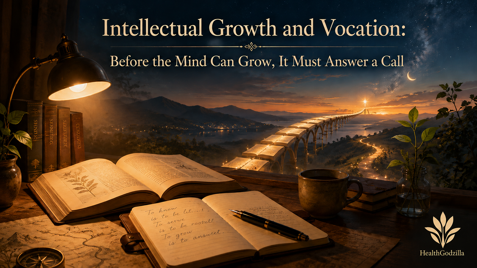 Intellectual Growth and Vocation title image with lamp-lit desk, open books, bridge of pages, and distant guiding light