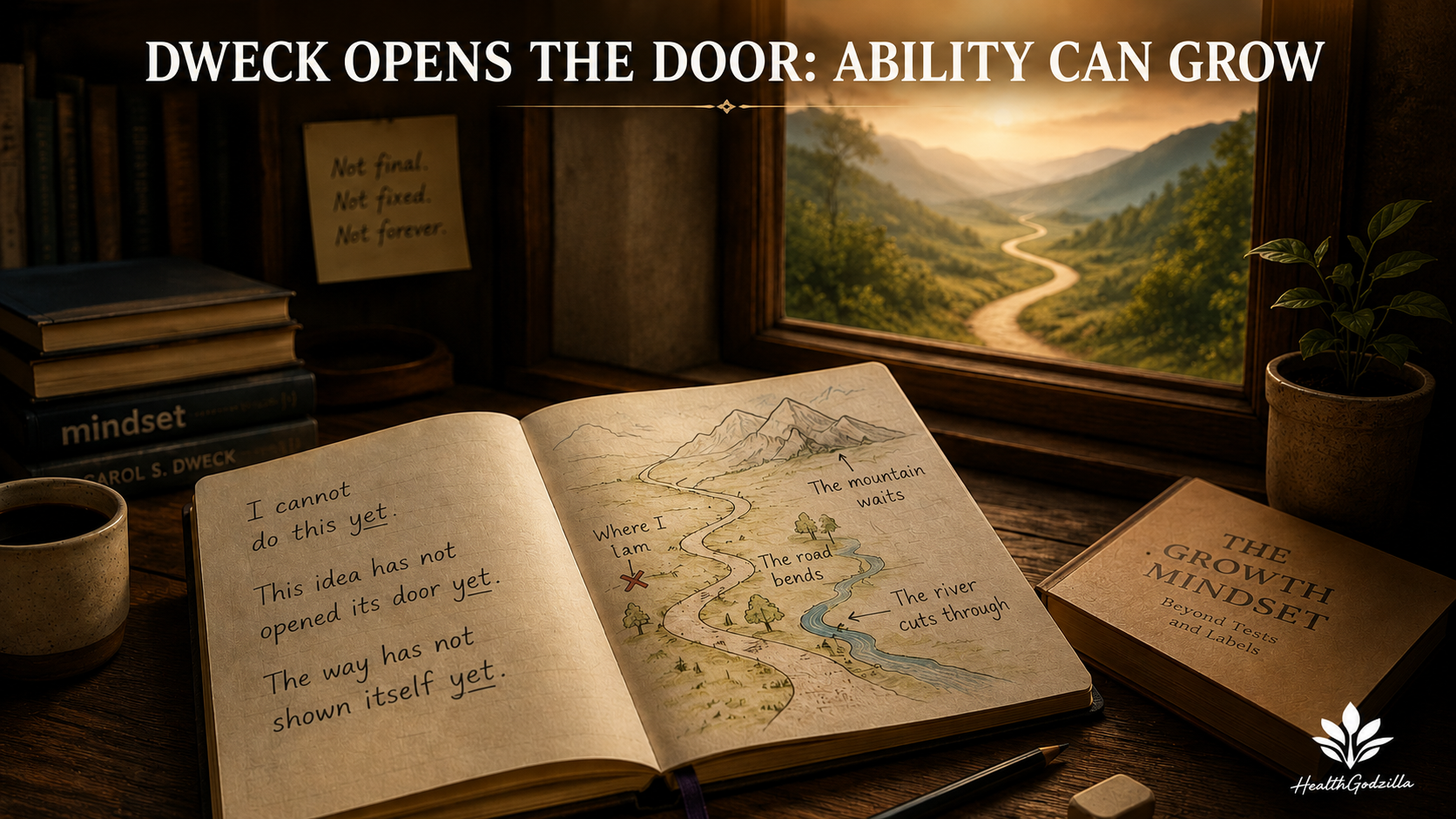Notebook map beside an open window, showing a winding path and the word yet as a sign of patient growth