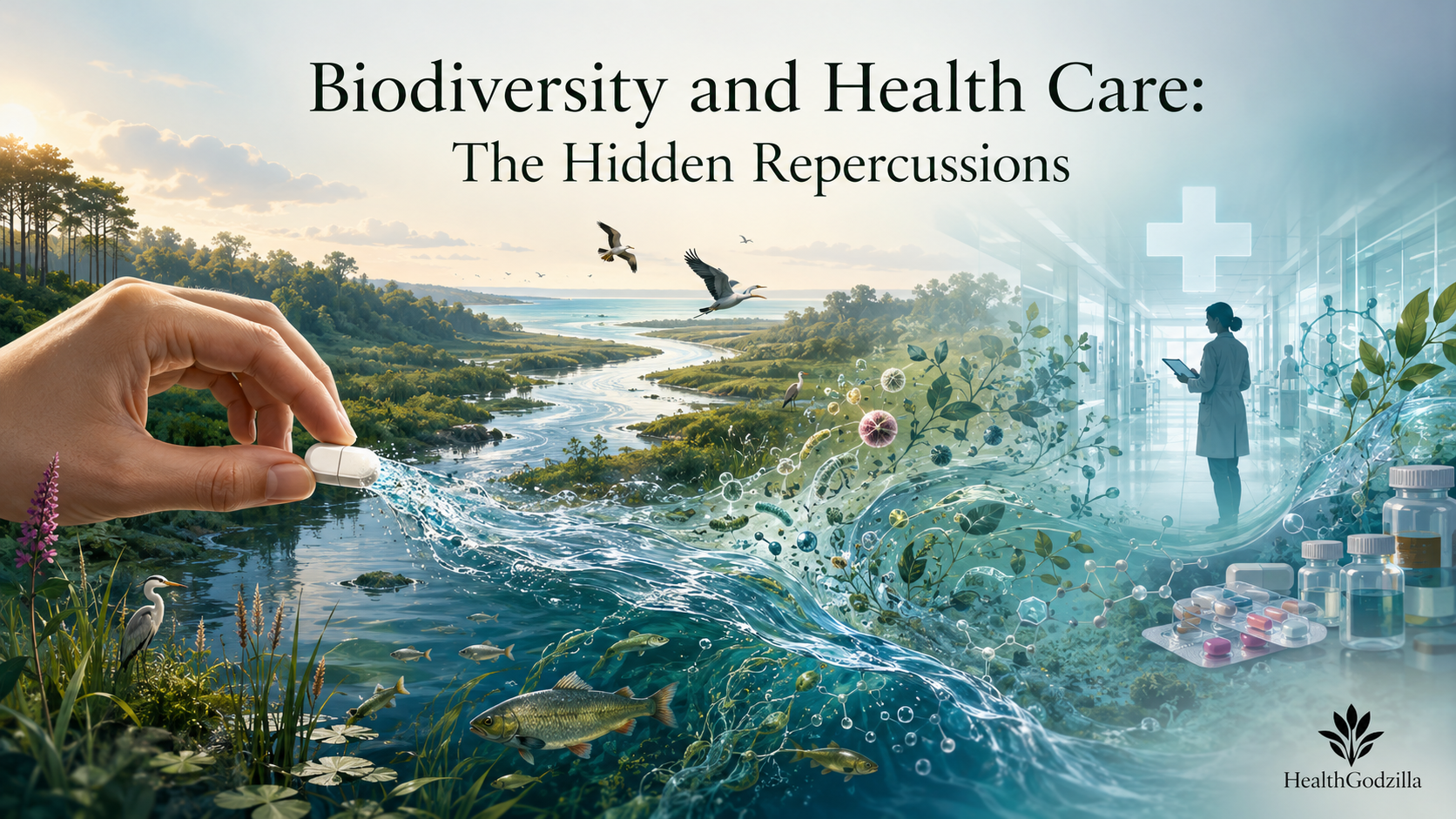 Biodiversity and health care flow from pill to river, wildlife, microbes, and hospital corridor.