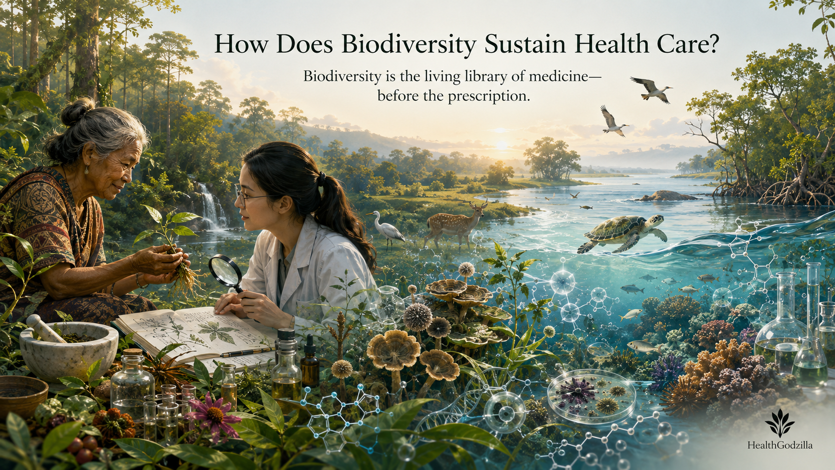 Medicinal plants, traditional knowledge, scientific research, wildlife, and living waters shape future treatments.