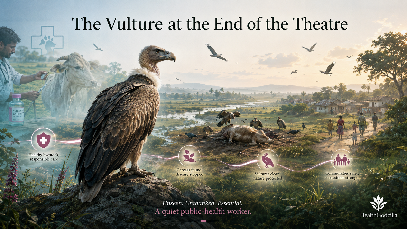 A vulture connects livestock treatment, carcass cleanup, ecosystem health, and safer communities.