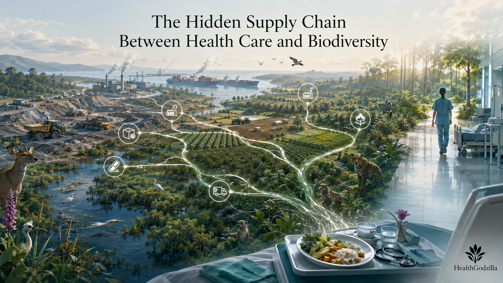 Biodiversity and health care connect through farms, mines, shipping, wildlife, hospital food, and care.