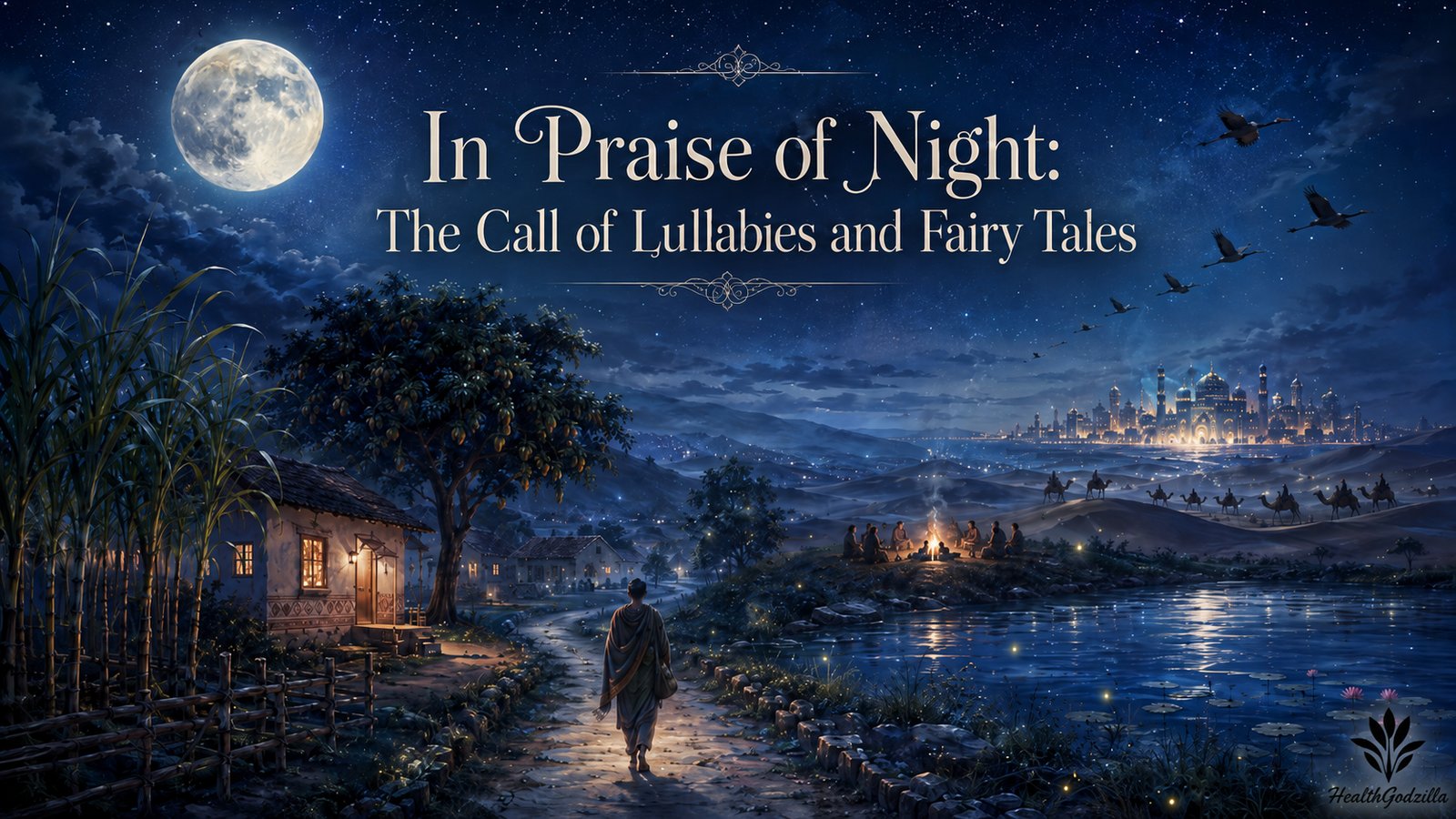 In Praise of Night follows a lone wanderer past moonlit villages, firelight, birds, desert roads, and a distant city at rest.