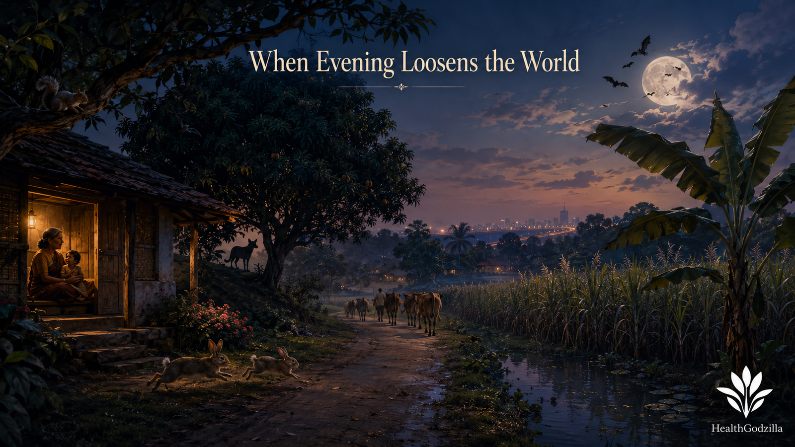 When Evening Loosens the World over a moonlit village lane, where a mother sings, rabbits run, and cattle return home.