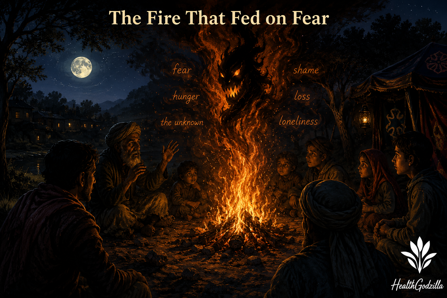 In Praise of Night shows villagers facing a monstrous blaze while an elder tells stories beneath the moon.