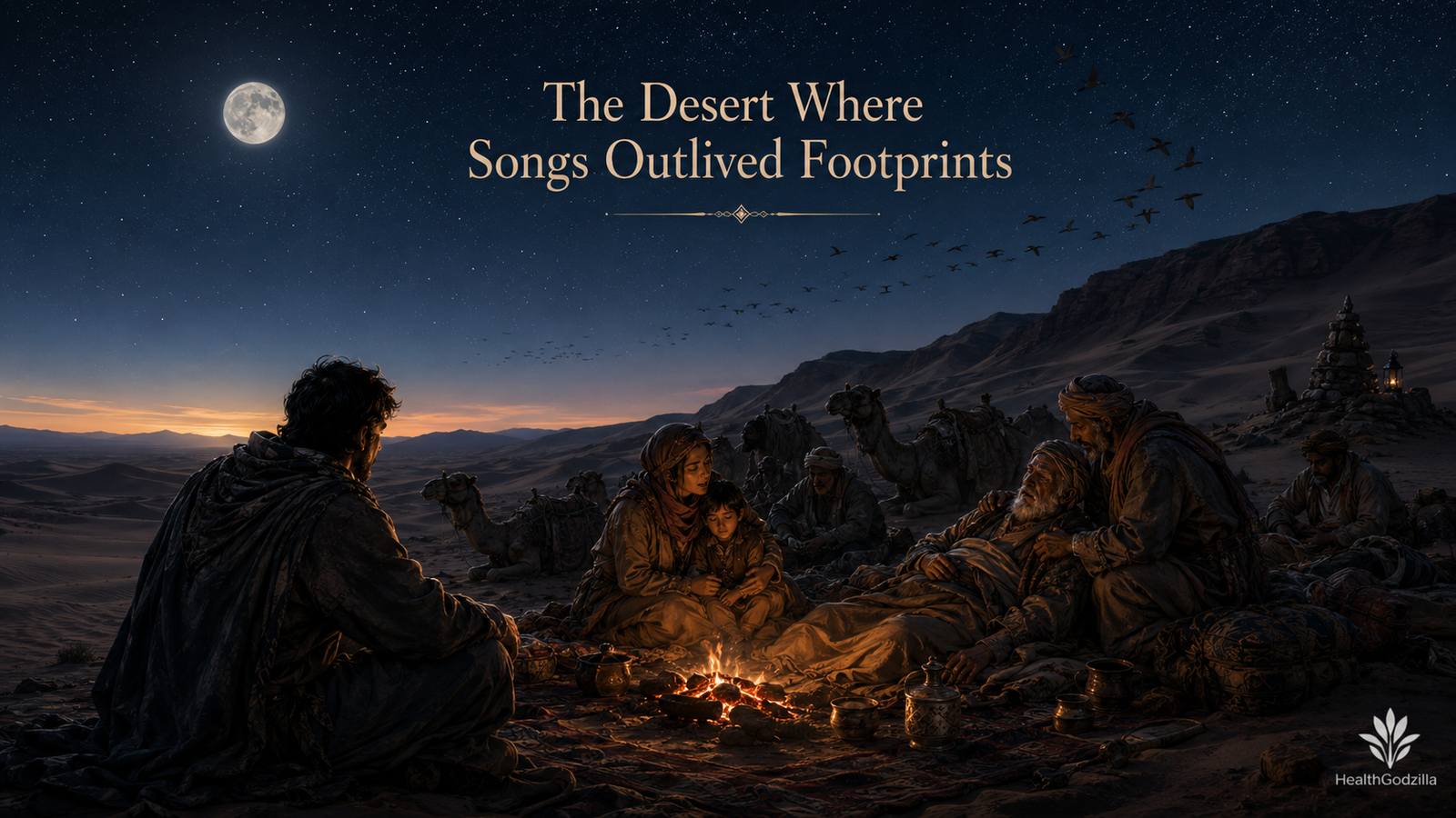 The Desert Where Songs Outlived Footprints shows a caravan gathered beneath stars as a mother sings beside a dying traveller.