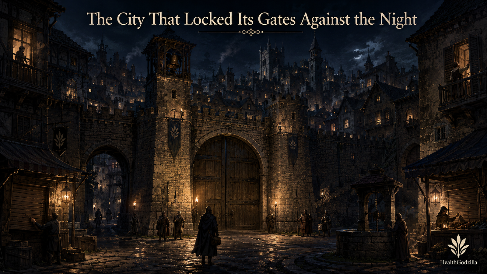 The City That Locked Its Gates Against the Night shows a medieval city sealing its gates beneath moonlight and watchful towers.