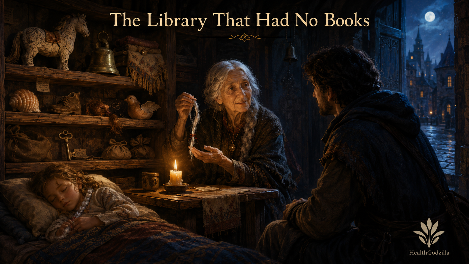 The Library That Had No Books holds a candlelit archive of objects, memories, an old woman, a wanderer, and a sleeping child.