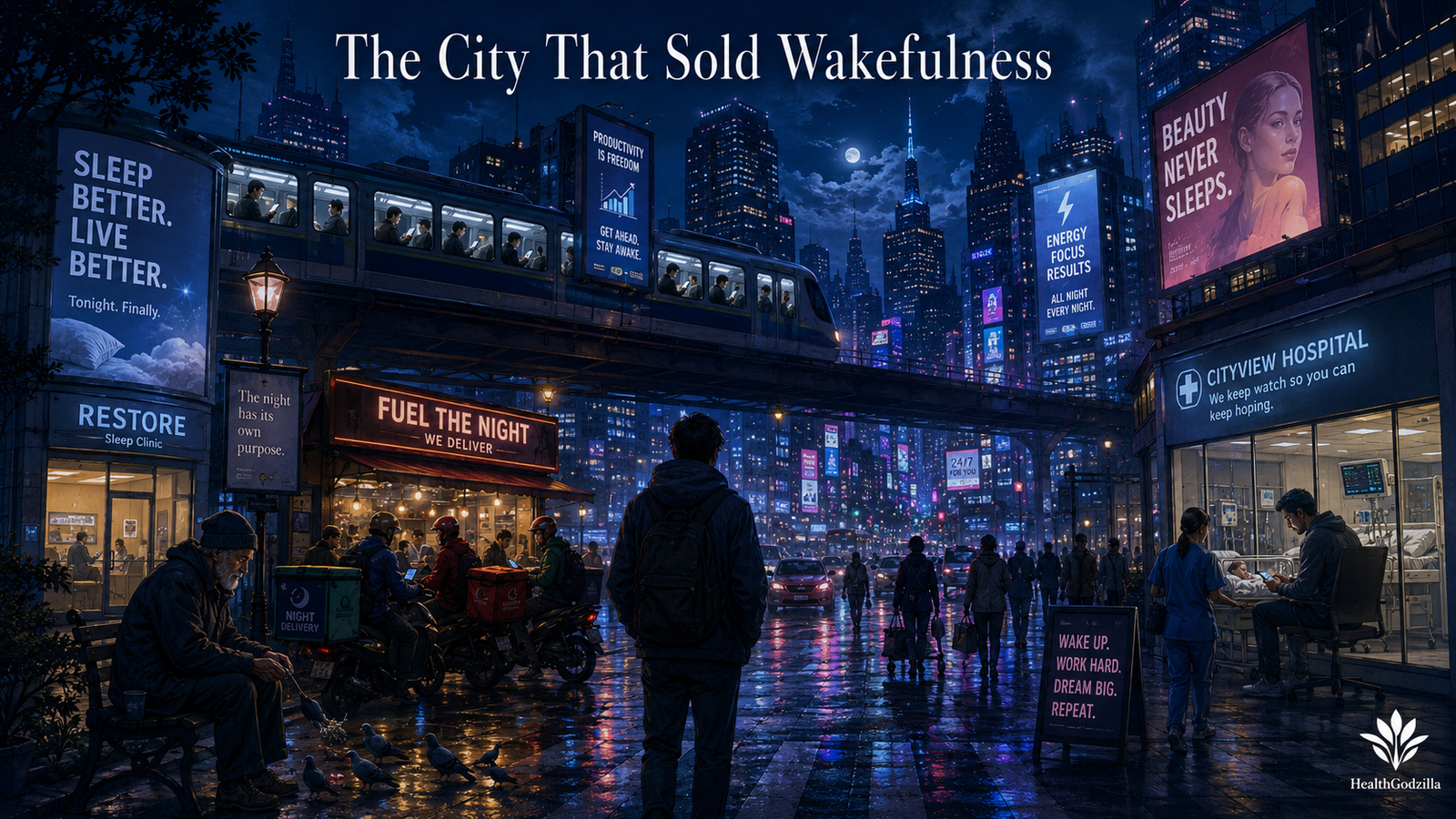 The City That Sold Wakefulness glows with hospitals, riders, trains, screens, and workers beneath a sleepless moon.